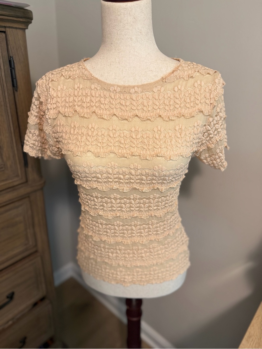 Textured Short-Sleeve Lace-Striped Top - Cream